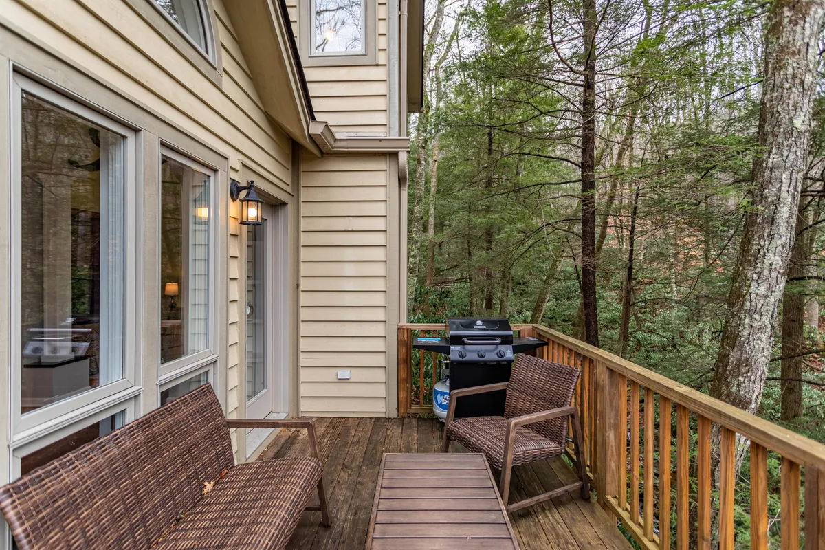 An inviting exterior deck with comfortable seating, a grill, and a wooded view. The scene suggests outdoor relaxation, socializing, and enjoying meals while immersed in nature.